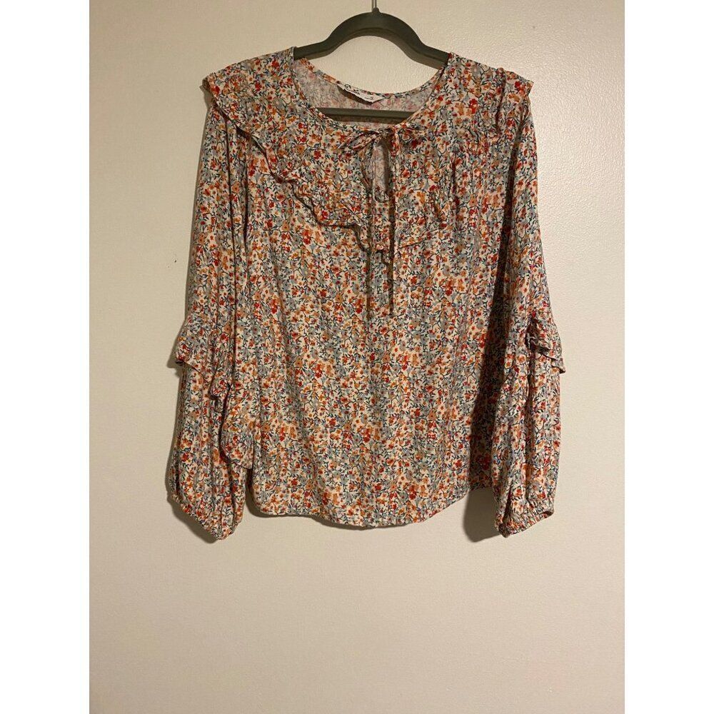 Sonoma Womens 1X Floral Blouse With Ruffled Neck & Sleeves Tie at Neck Career